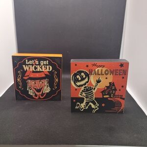 Vintage Style Halloween Wood Block Signs Witch Pumpkin Retro Decor Set